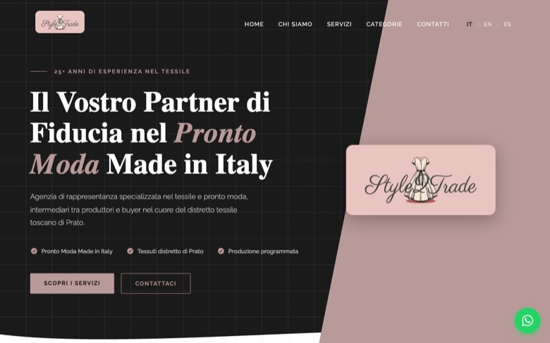 Home page del sito realizzato da Getly per Style2Trade, agenzia tessile di Prato